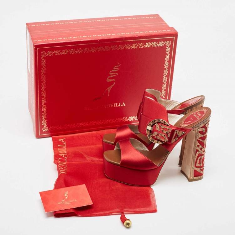 Pre Owned René Caovilla Satin Buckle Detail Crystal Embellished Block Heel Platform Sandals Size 39