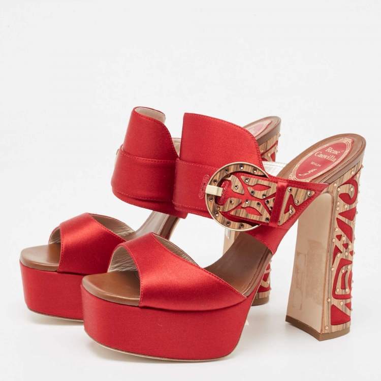 Pre Owned René Caovilla Satin Buckle Detail Crystal Embellished Block Heel Platform Sandals Size 39