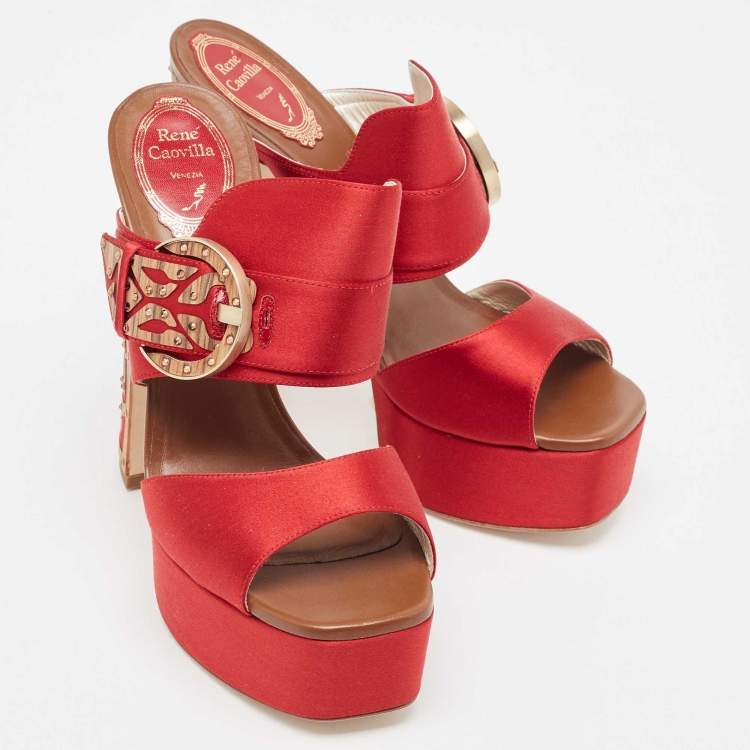 Pre Owned René Caovilla Satin Buckle Detail Crystal Embellished Block Heel Platform Sandals Size 39