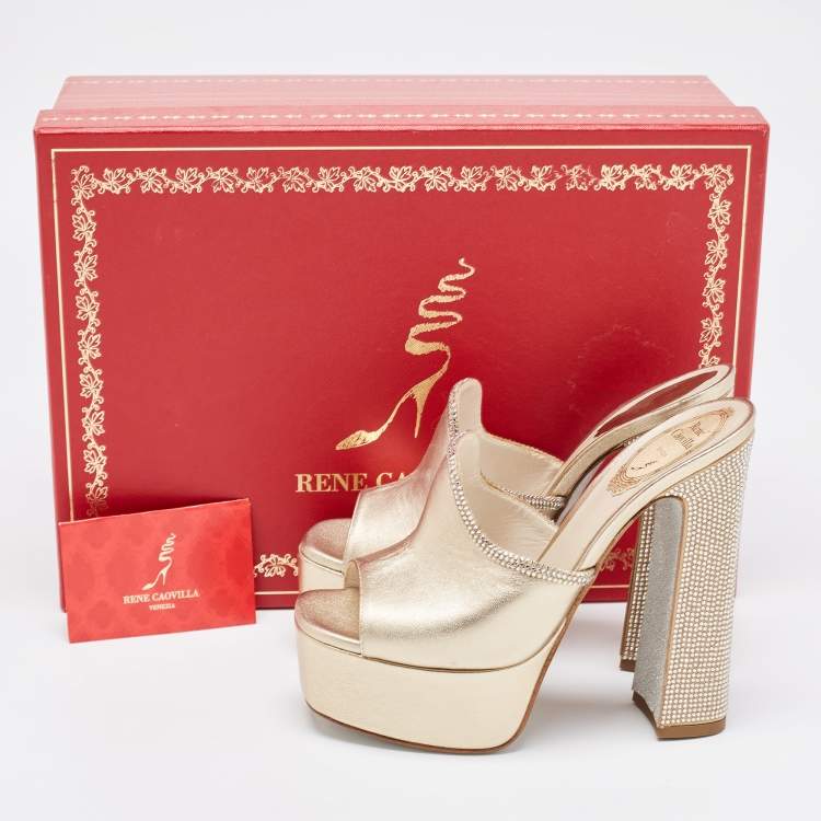 Pre Owned René Caovilla Metallic Gold Leather Crystal Embellished Slide Sandals Size 36
