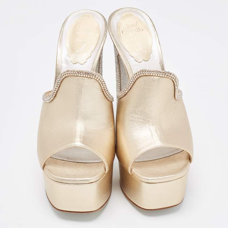 Pre Owned René Caovilla Metallic Gold Leather Crystal Embellished Slide Sandals Size 36