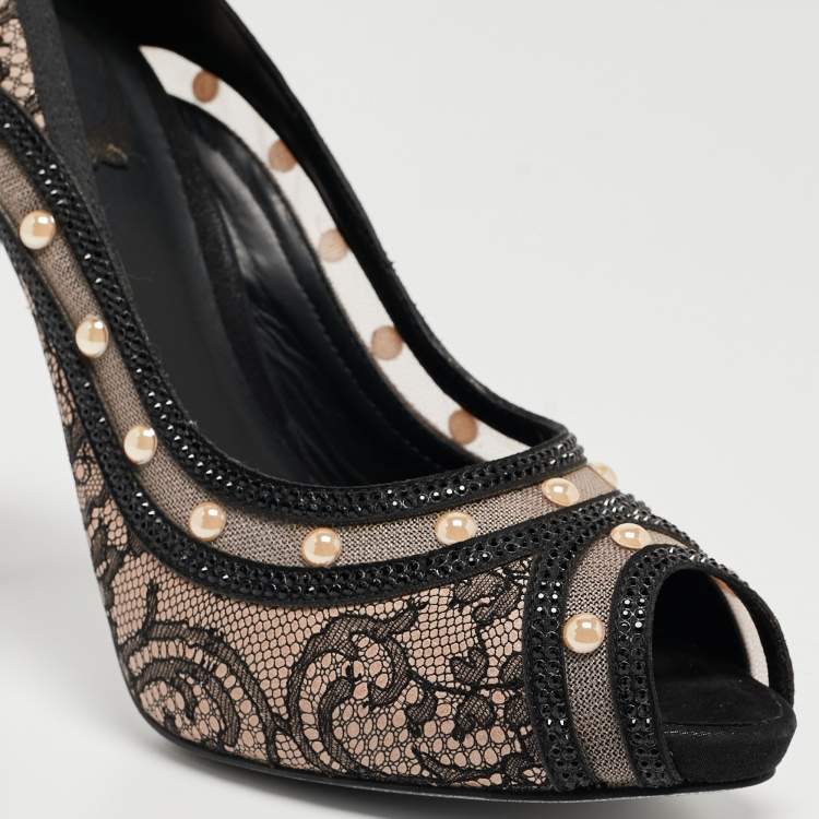 Pre Owned René Caovilla Black Lace Pearls Embellished Platform Peep Toe Pumps Size 41