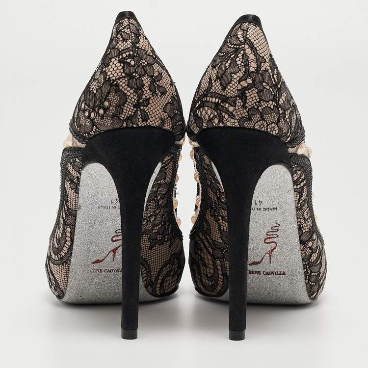 Pre Owned René Caovilla Black Lace Pearls Embellished Platform Peep Toe Pumps Size 41