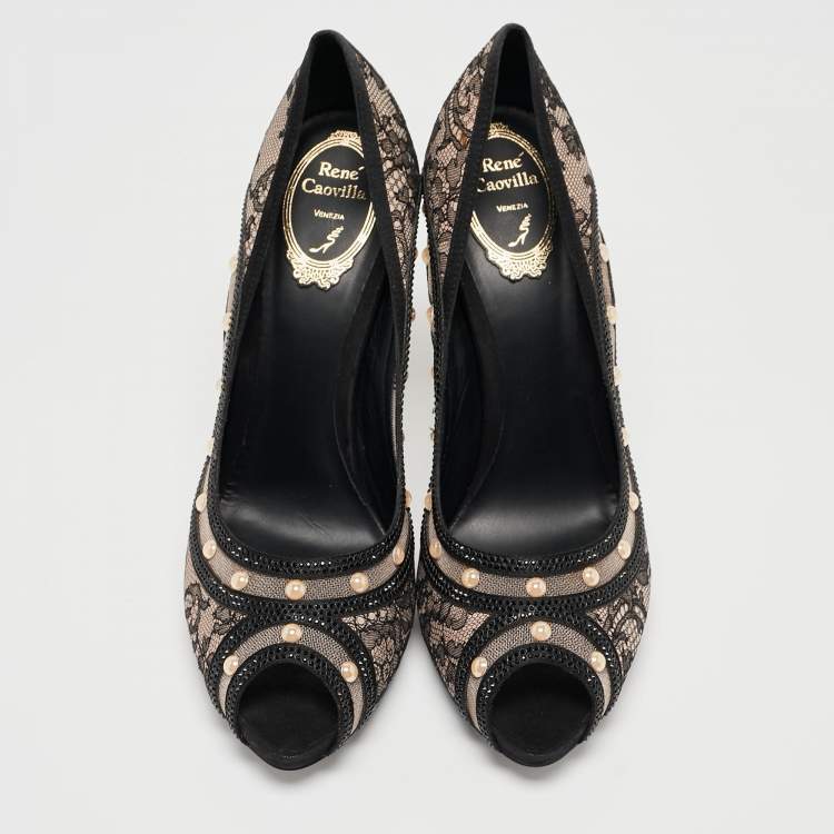 Pre Owned René Caovilla Black Lace Pearls Embellished Platform Peep Toe Pumps Size 41