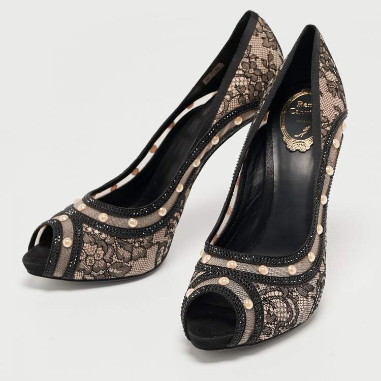 Pre Owned René Caovilla Black Lace Pearls Embellished Platform Peep Toe Pumps Size 41