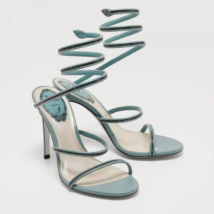 Pre Owned Rene Caovilla Blue Crystal Embellished Leather Cleo Sandals Size 36