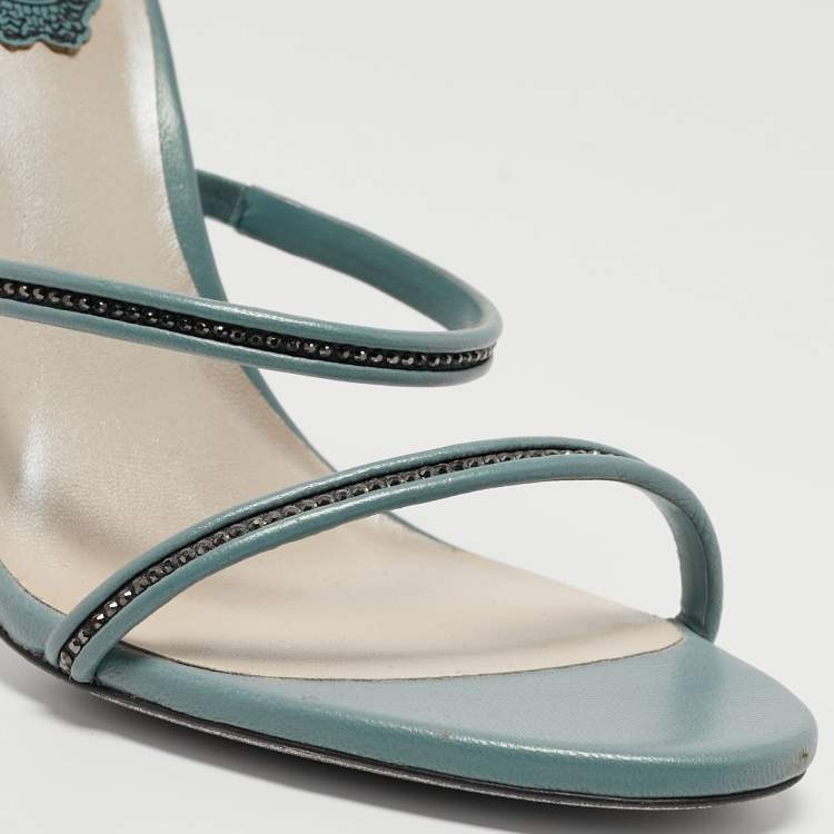 Pre Owned Rene Caovilla Blue Crystal Embellished Leather Cleo Sandals Size 36
