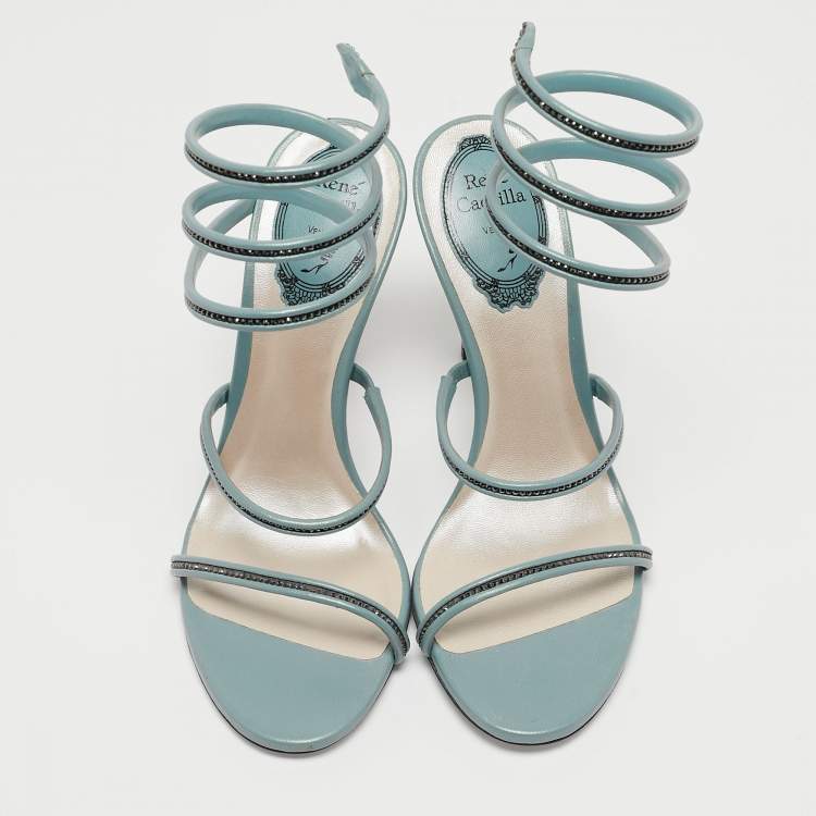 Pre Owned Rene Caovilla Blue Crystal Embellished Leather Cleo Sandals Size 36