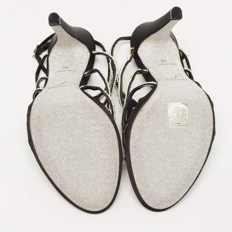 Pre Owned René Caovilla Black Cord Embellished Pearl Slingback Sandals Size 39