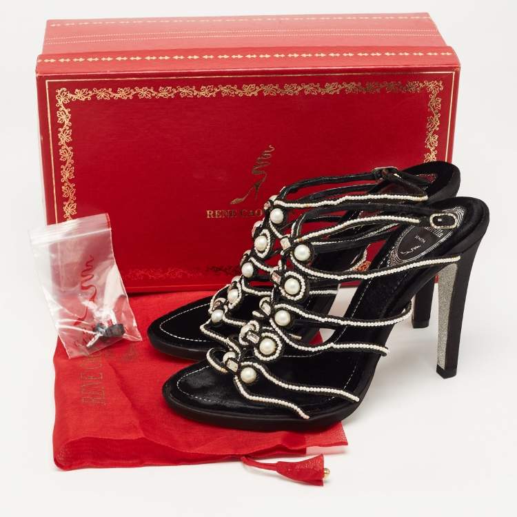 Pre Owned René Caovilla Black Cord Embellished Pearl Slingback Sandals Size 39