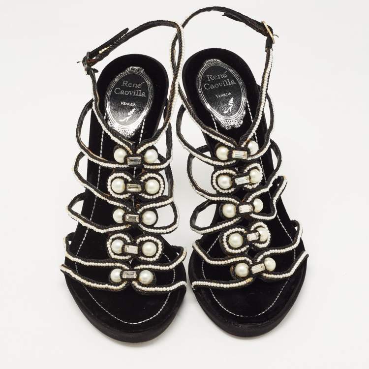 Pre Owned René Caovilla Black Cord Embellished Pearl Slingback Sandals Size 39