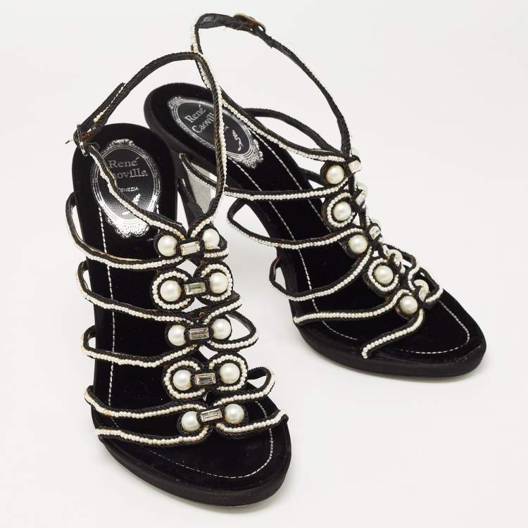 Pre Owned René Caovilla Black Cord Embellished Pearl Slingback Sandals Size 39