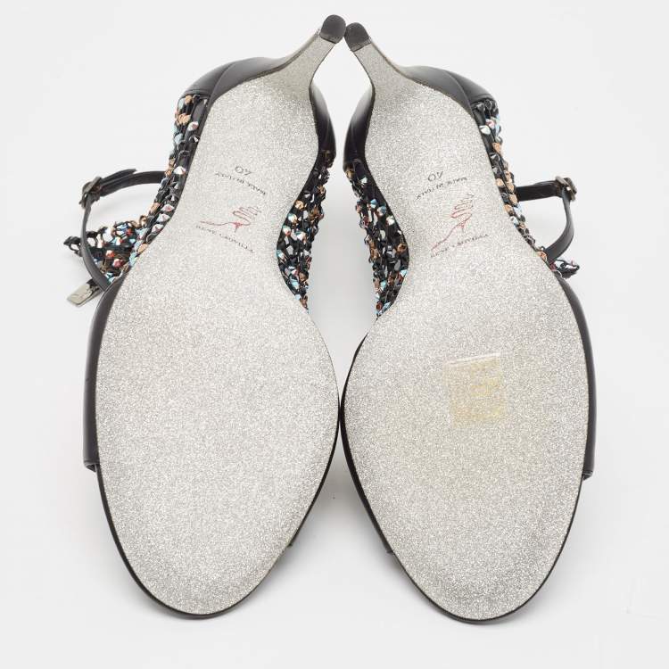 Pre Owned Rene Caovilla Black Leather and Crystal Embellished Mesh Galaxia Sandals Size 40