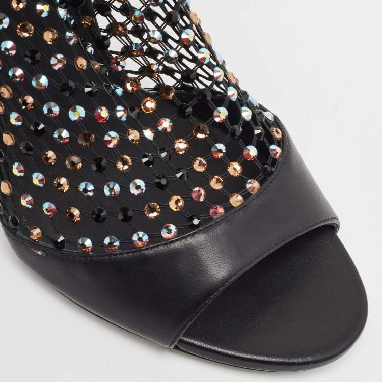 Pre Owned Rene Caovilla Black Leather and Crystal Embellished Mesh Galaxia Sandals Size 40