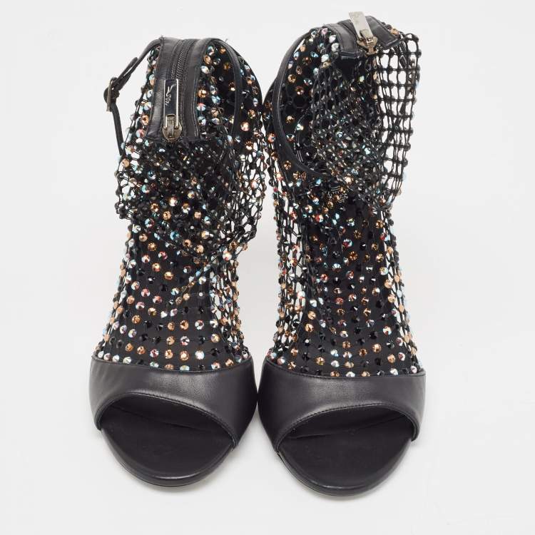 Pre Owned Rene Caovilla Black Leather and Crystal Embellished Mesh Galaxia Sandals Size 40