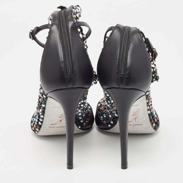 Pre Owned Rene Caovilla Black Leather and Crystal Embellished Mesh Galaxia Sandals Size 40