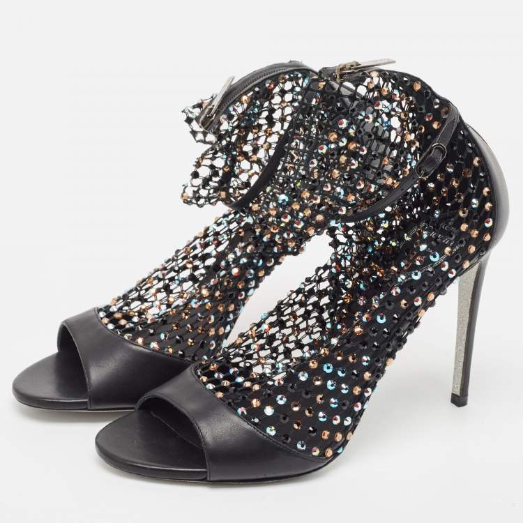 Pre Owned Rene Caovilla Black Leather and Crystal Embellished Mesh Galaxia Sandals Size 40