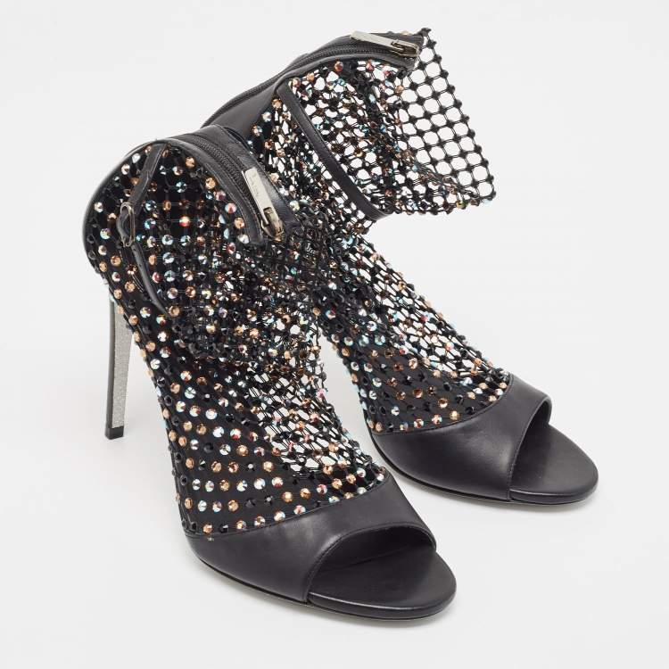 Pre Owned Rene Caovilla Black Leather and Crystal Embellished Mesh Galaxia Sandals Size 40