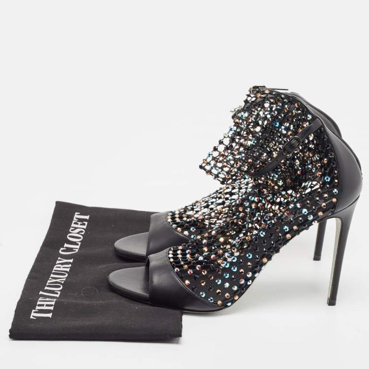 Pre Owned Rene Caovilla Black Leather and Crystal Embellished Mesh Galaxia Sandals Size 40