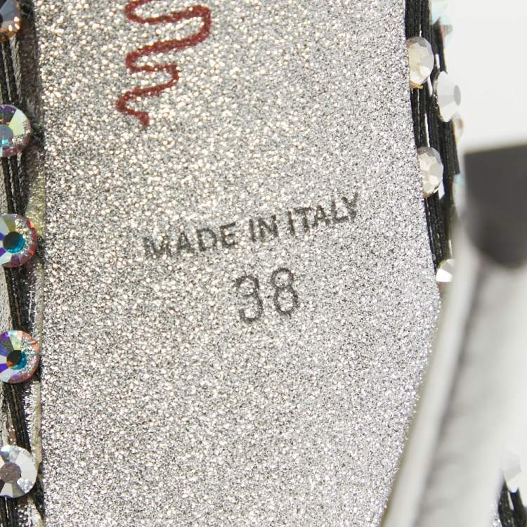 Pre Owned René Caovilla Silver Embossed Snakeskin and Crystal Embellished Mesh Galaxia Sandals Size 38