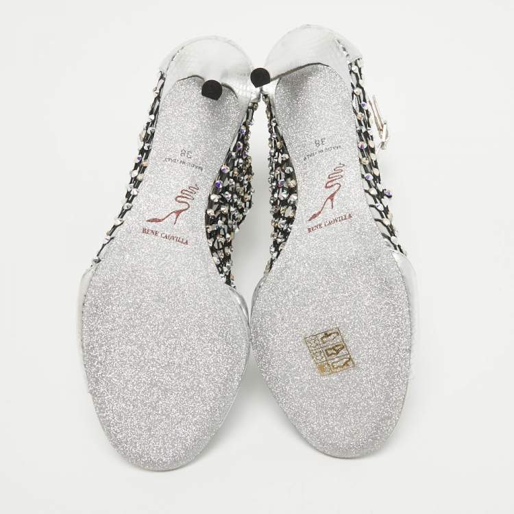 Pre Owned René Caovilla Silver Embossed Snakeskin and Crystal Embellished Mesh Galaxia Sandals Size 38