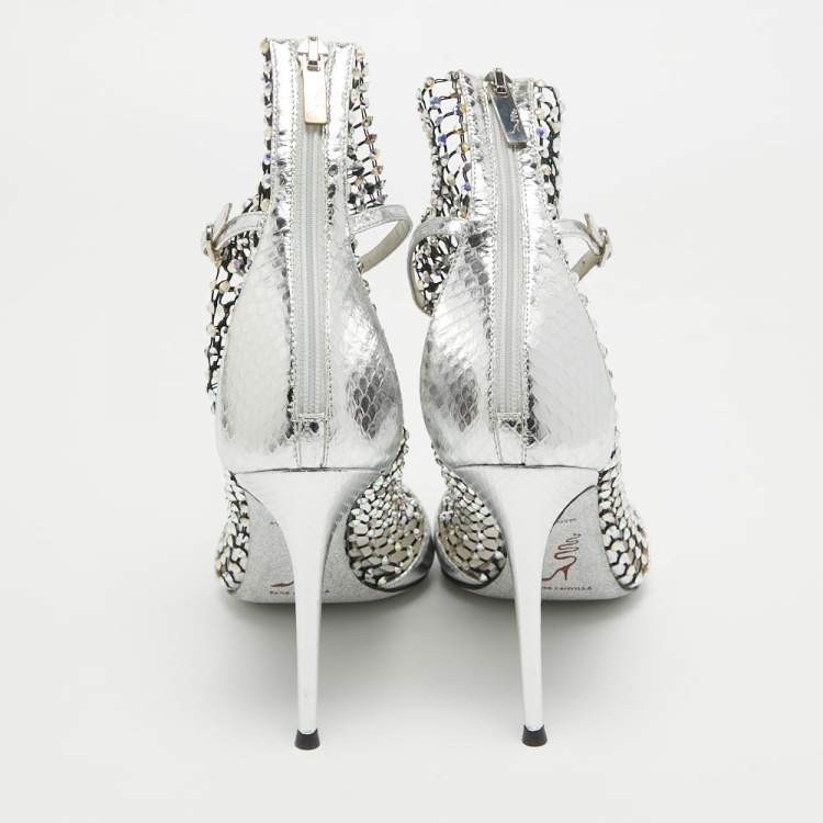 Pre Owned René Caovilla Silver Embossed Snakeskin and Crystal Embellished Mesh Galaxia Sandals Size 38