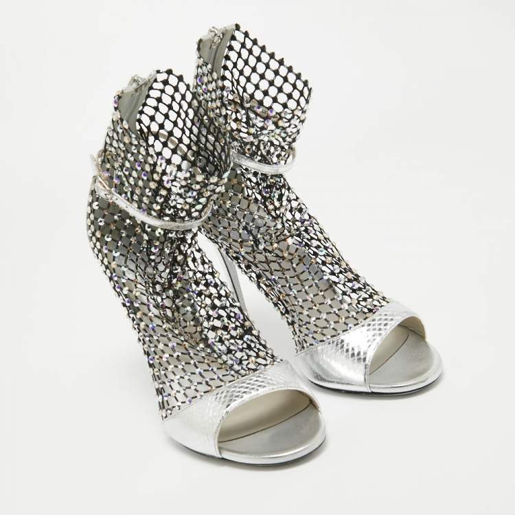 Pre Owned René Caovilla Silver Embossed Snakeskin and Crystal Embellished Mesh Galaxia Sandals Size 38