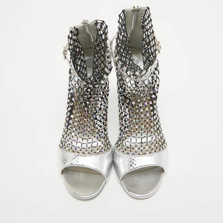 Pre Owned René Caovilla Silver Embossed Snakeskin and Crystal Embellished Mesh Galaxia Sandals Size 38
