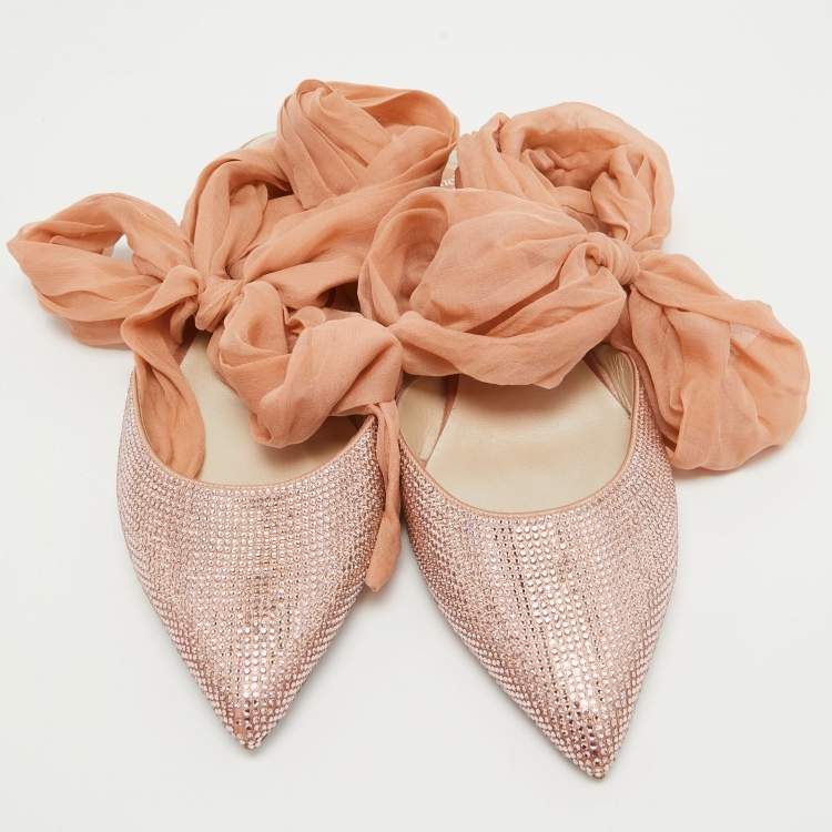 Pre Owned René Caovilla Pink Crystal Embellished Satin and Fabric Ankle Tie Flats Size 39