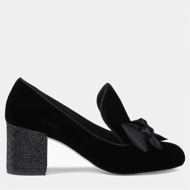 Pre Owned Rene Caovilla Black Velvet Block Heel Pumps Size 36.5