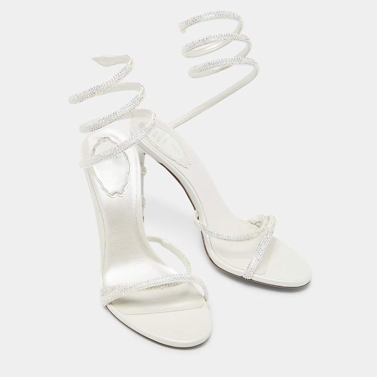 Pre Owned Rene Caovilla Pearl White Crystal Embellished Leather Cleo Sandals Size 37