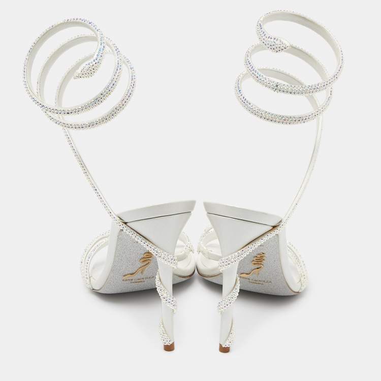 Pre Owned Rene Caovilla Pearl White Crystal Embellished Leather Cleo Sandals Size 37