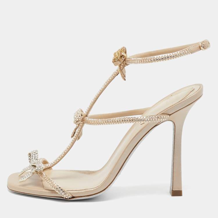 Pre Owned René Caovilla Beige Satin Caterina Crystal Embellished Bow Sandals Size 36.5