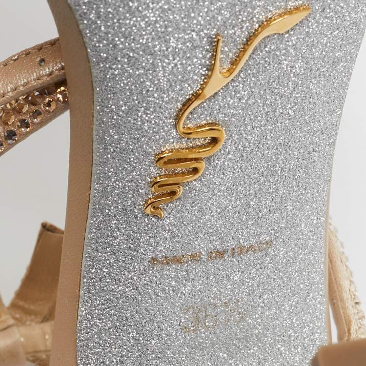 Pre Owned René Caovilla Beige Satin Caterina Crystal Embellished Bow Sandals Size 36.5