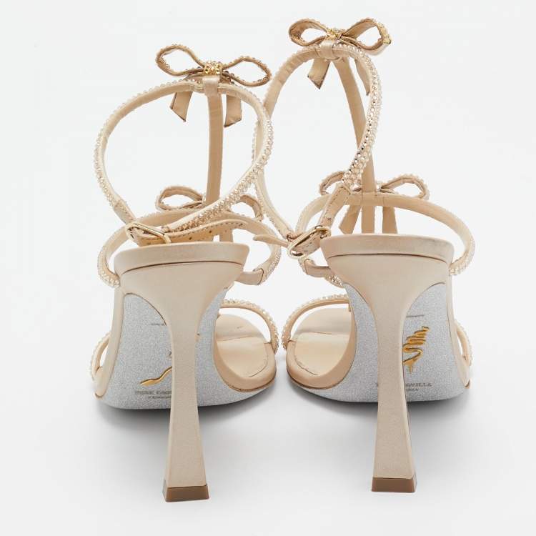 Pre Owned René Caovilla Beige Satin Caterina Crystal Embellished Bow Sandals Size 36.5