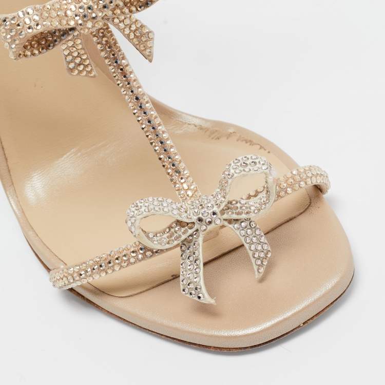 Pre Owned René Caovilla Beige Satin Caterina Crystal Embellished Bow Sandals Size 36.5