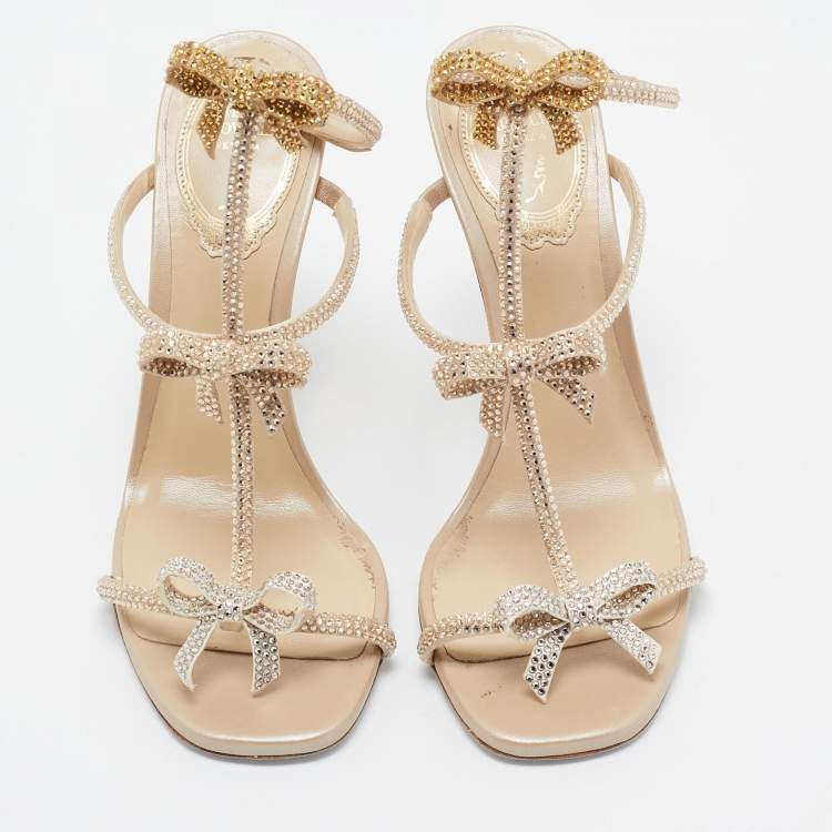 Pre Owned René Caovilla Beige Satin Caterina Crystal Embellished Bow Sandals Size 36.5