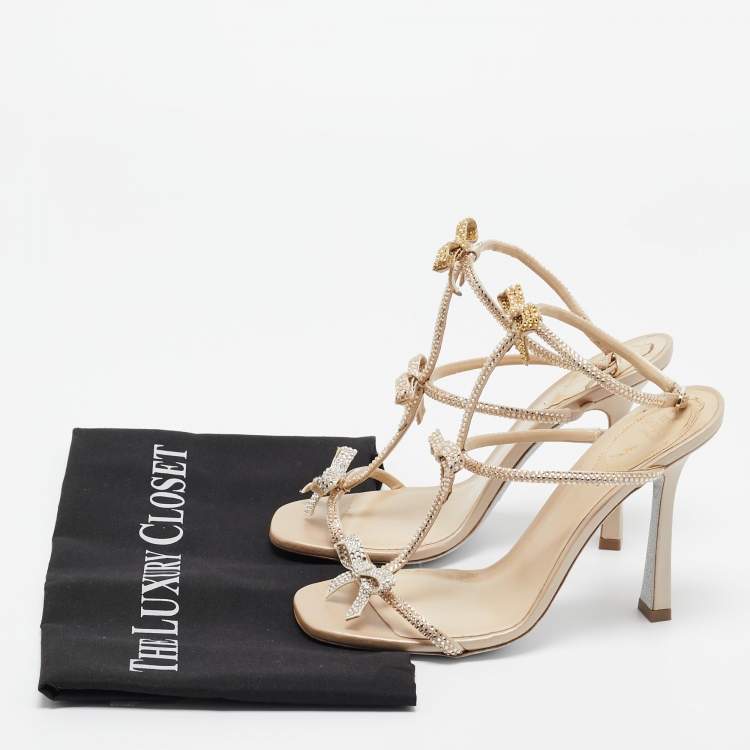 Pre Owned René Caovilla Beige Satin Caterina Crystal Embellished Bow Sandals Size 36.5