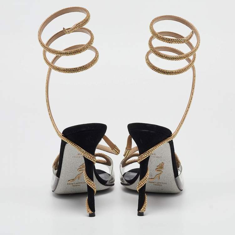 Pre Owned René Caovilla Black PVC and Suede Crystal 105mm Snake Wrap Sandals Size 39