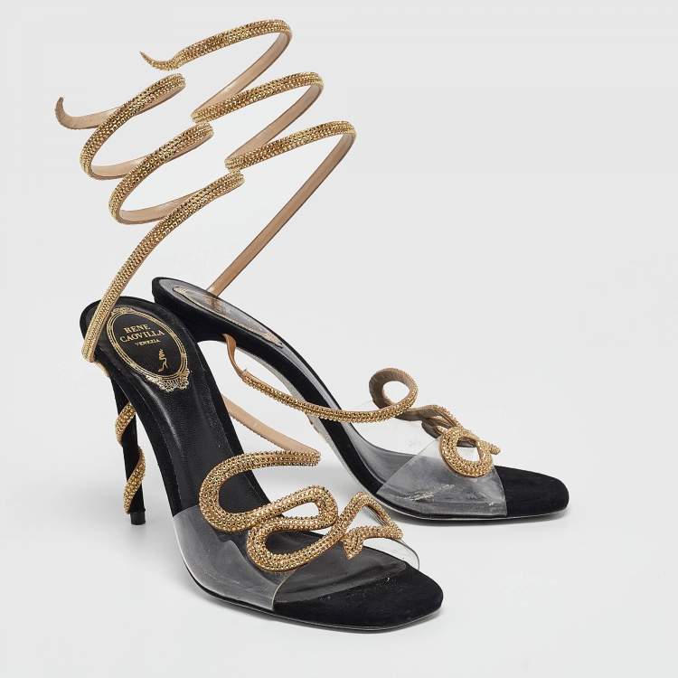 Pre Owned René Caovilla Black PVC and Suede Crystal 105mm Snake Wrap Sandals Size 39