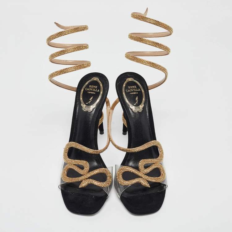 Pre Owned René Caovilla Black PVC and Suede Crystal 105mm Snake Wrap Sandals Size 39