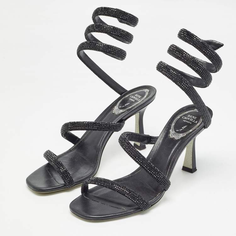 Pre Owned René Caovilla Black Crystal Embellished Satin Cleo Ankle Wrap Sandals Size 37  
