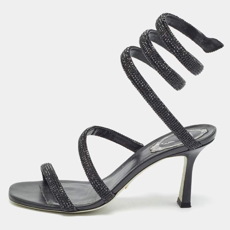 Pre Owned René Caovilla Black Crystal Embellished Satin Cleo Ankle Wrap Sandals Size 37  