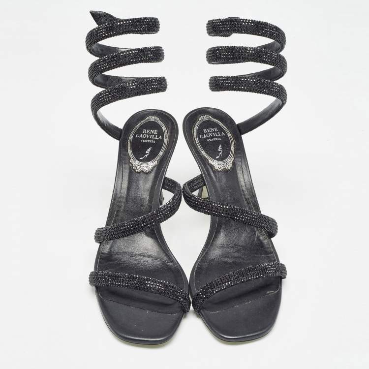 Pre Owned René Caovilla Black Crystal Embellished Satin Cleo Ankle Wrap Sandals Size 37  