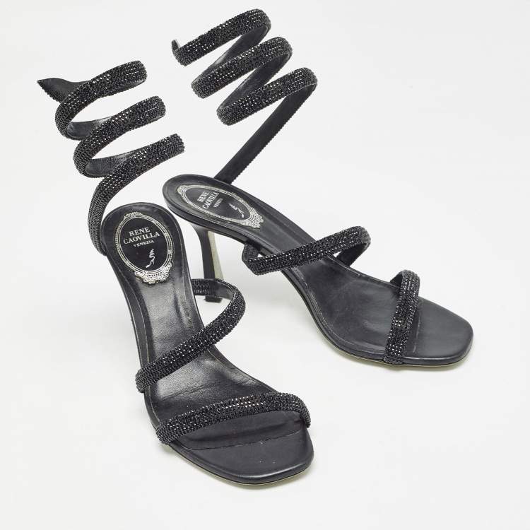 Pre Owned René Caovilla Black Crystal Embellished Satin Cleo Ankle Wrap Sandals Size 37  