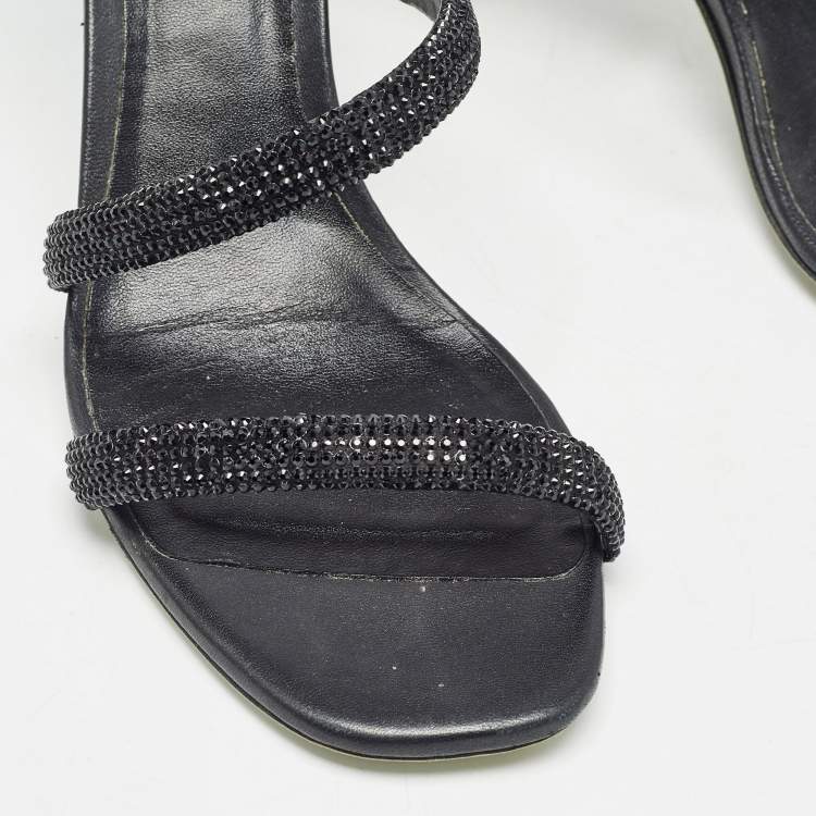 Pre Owned René Caovilla Black Crystal Embellished Satin Cleo Ankle Wrap Sandals Size 37  
