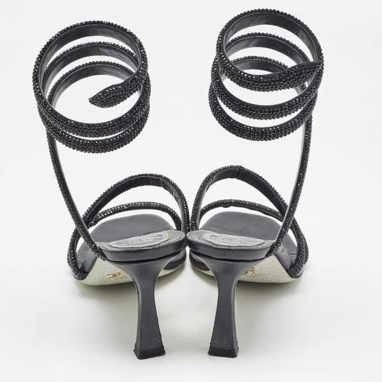 Pre Owned René Caovilla Black Crystal Embellished Satin Cleo Ankle Wrap Sandals Size 37  