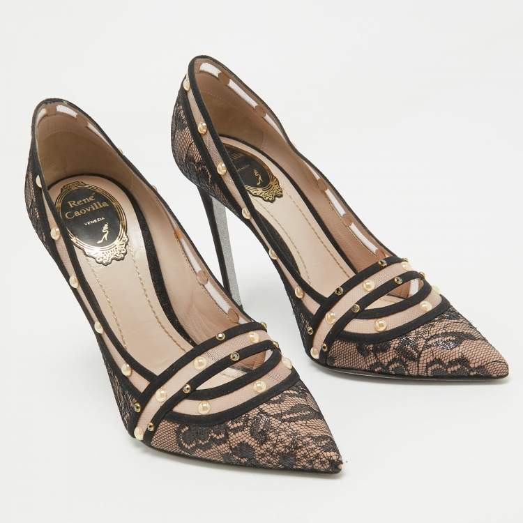 Pre Owned René Caovilla Black/Pink Lace Studded Pointed Toe Pumps Size 38