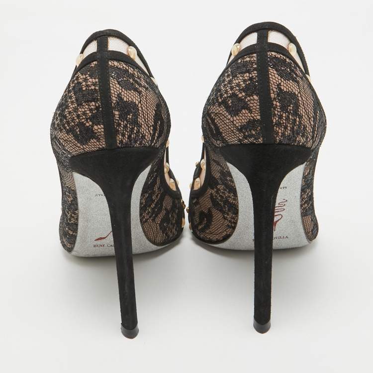 Pre Owned René Caovilla Black/Pink Lace Studded Pointed Toe Pumps Size 38