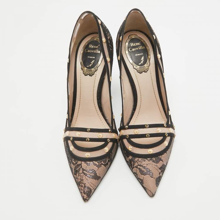 Pre Owned René Caovilla Black/Pink Lace Studded Pointed Toe Pumps Size 38